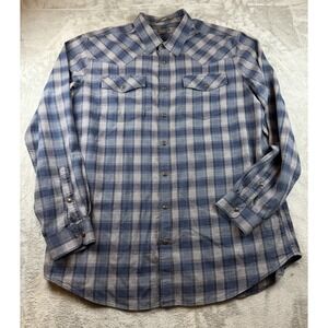 Eddie Bauer Shirt Men's Western Tall X-Large Blue Gray Plaid Pearl Snap